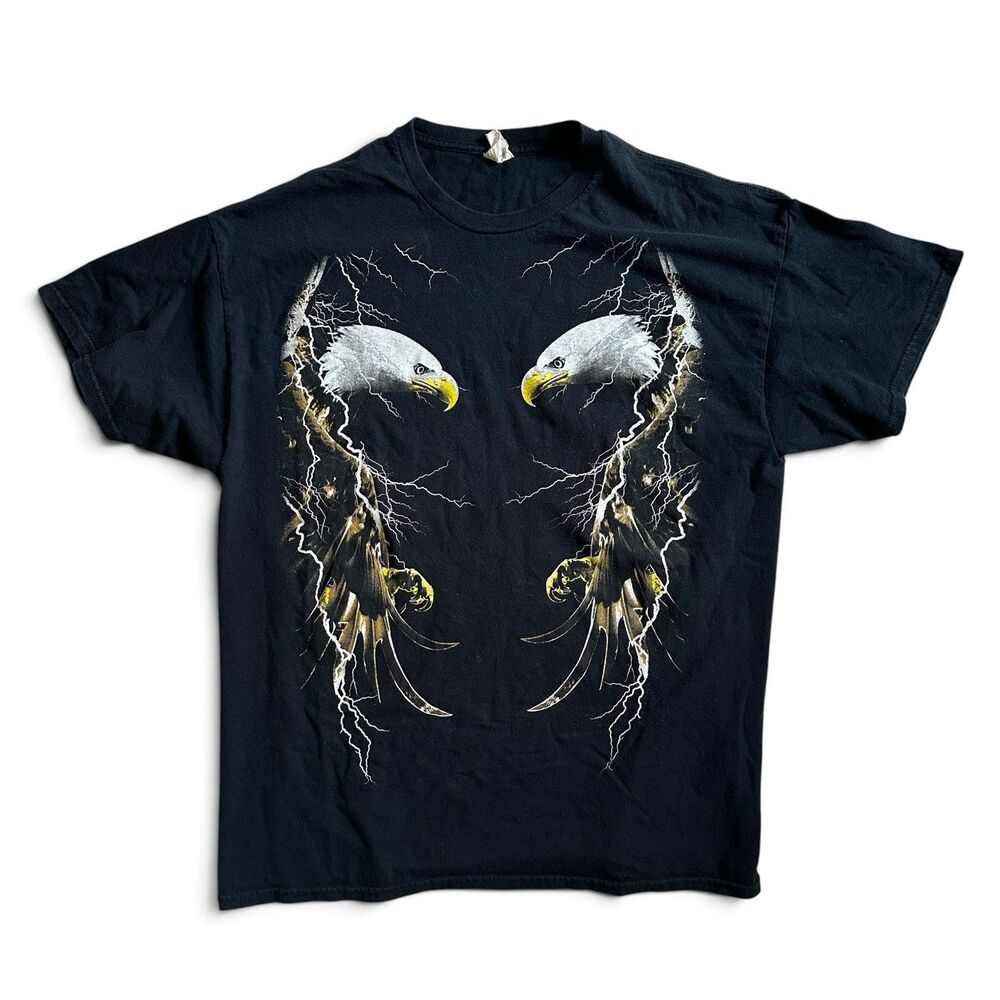 Vintage XL Bald Eagles Lightning Thunder Black T-Shirt Biker Y2K 90s Harley USA